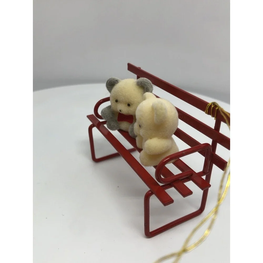 Vintage Russ Berrie & Co Red Metal Bench with 2 Bears Christmas‎ Ornament